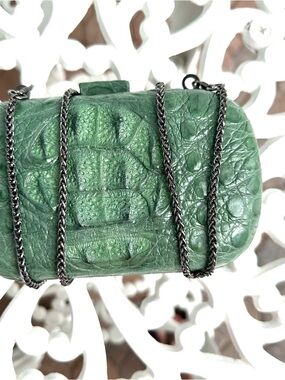 Green Croc-Embossed Leather Crossbody Bag with Chain Strap